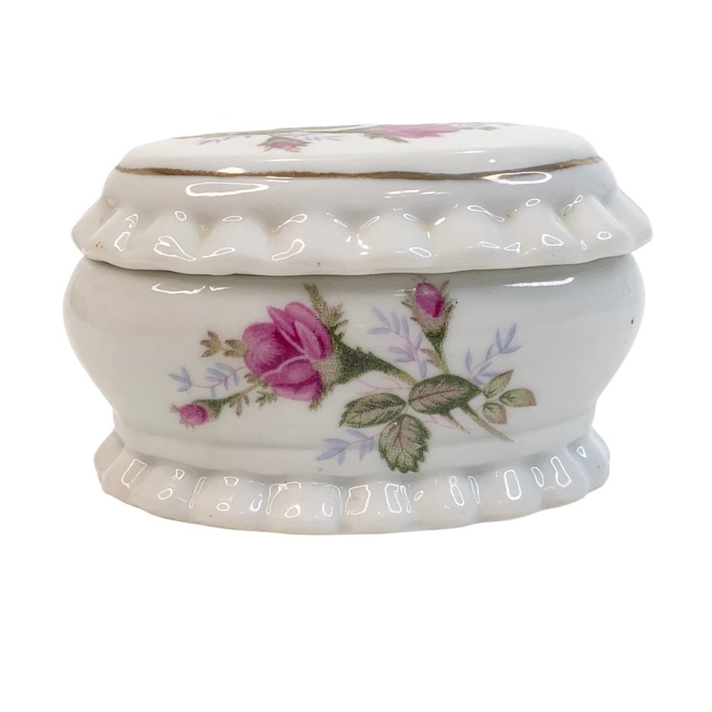 Vintage Trinket Box Pink Rose Ruffle Edge Gold Trim Jewelry Ring Coin Catch All